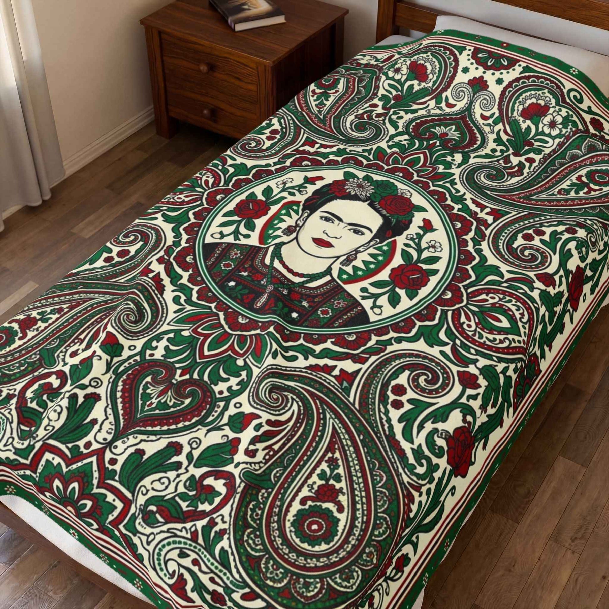 Frida Kahlo Art Blankets, Bohemian Paisley Throw Blanket, Mexican Folk Art Decor, Vibrant Red Green Floral Pattern, Artistic Icon Living