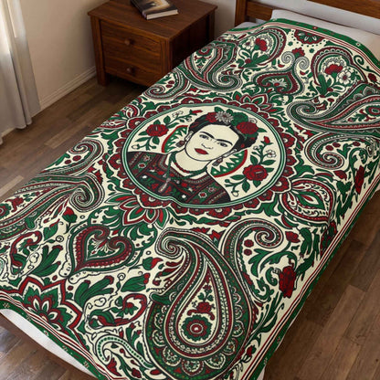 Frida Kahlo Art Blankets, Bohemian Paisley Throw Blanket, Mexican Folk Art Decor, Vibrant Red Green Floral Pattern, Artistic Icon Living