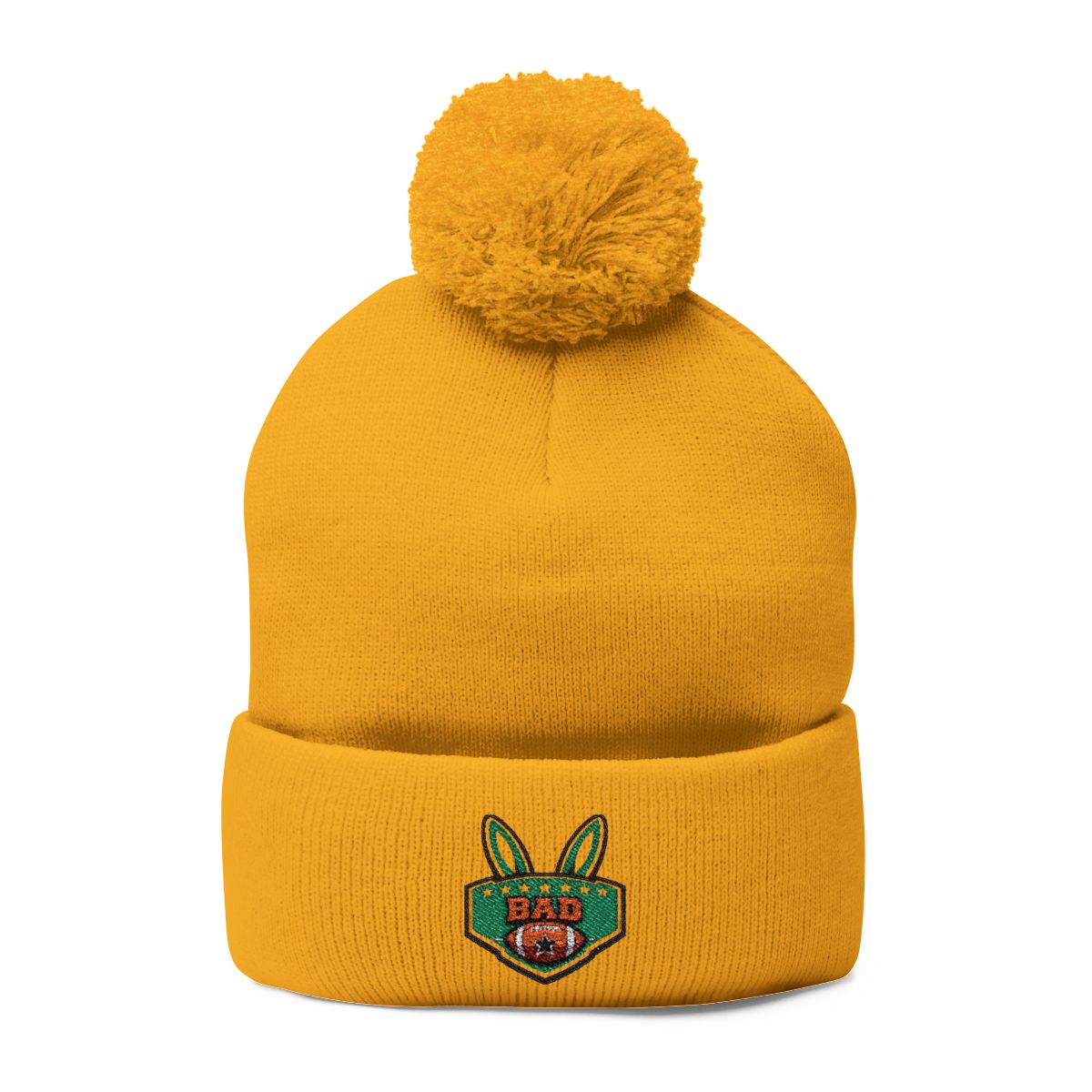 Yellow Beanie with Pom and Embroidered Logo Hat