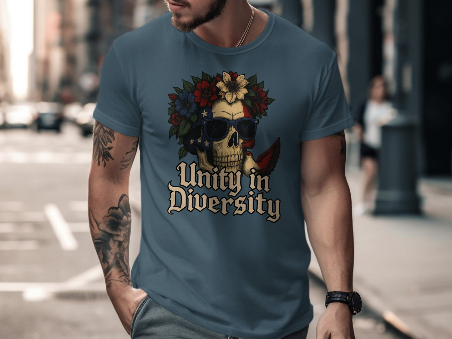 Unity in Diversity with Skull and Flowers Design Tee