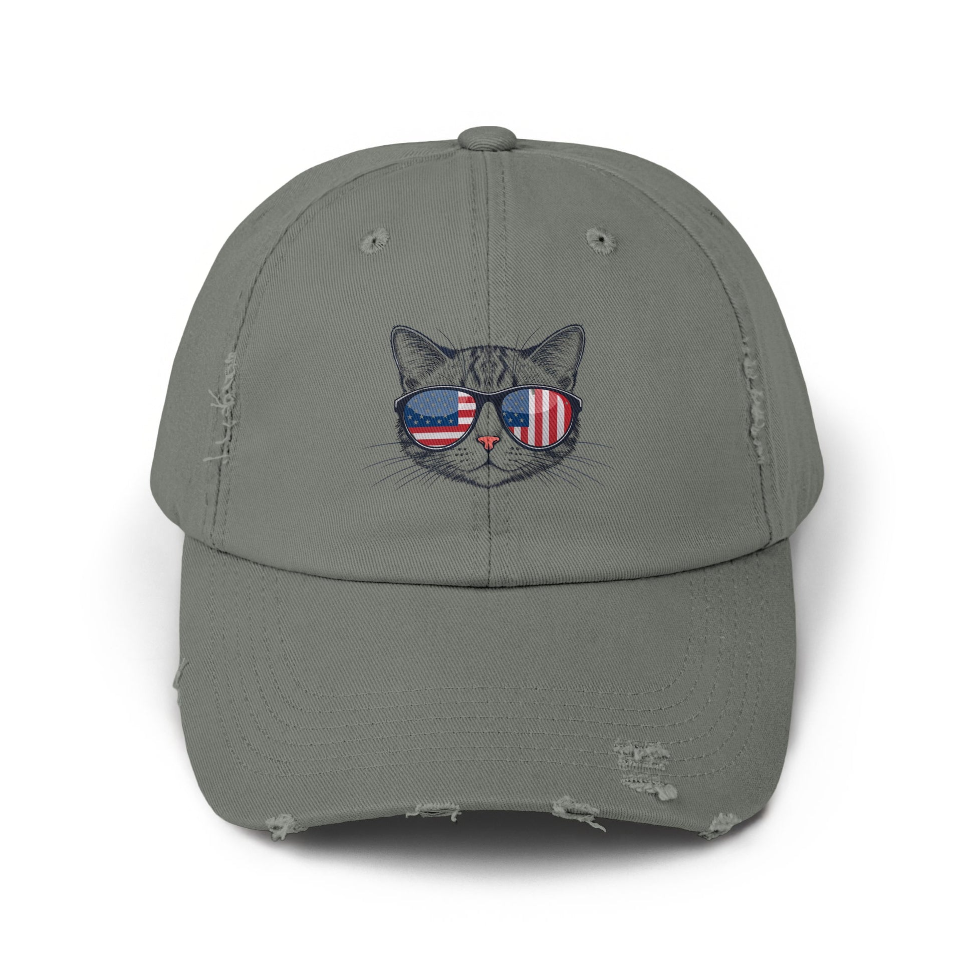 Vintage Cat with USA Sunglasses Graphic Distressed Hat product type