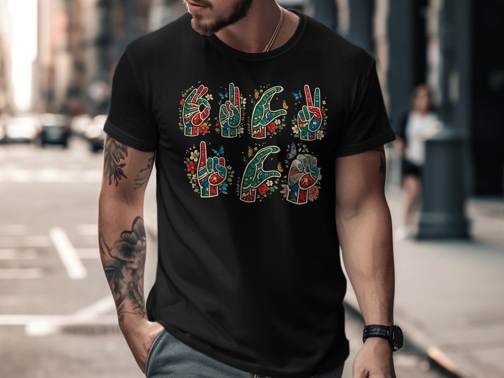 Colorful ASL Hand Sign Art Graphic Tee Shirt