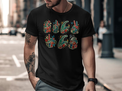 Colorful ASL Hand Sign Art Graphic Tee Shirt