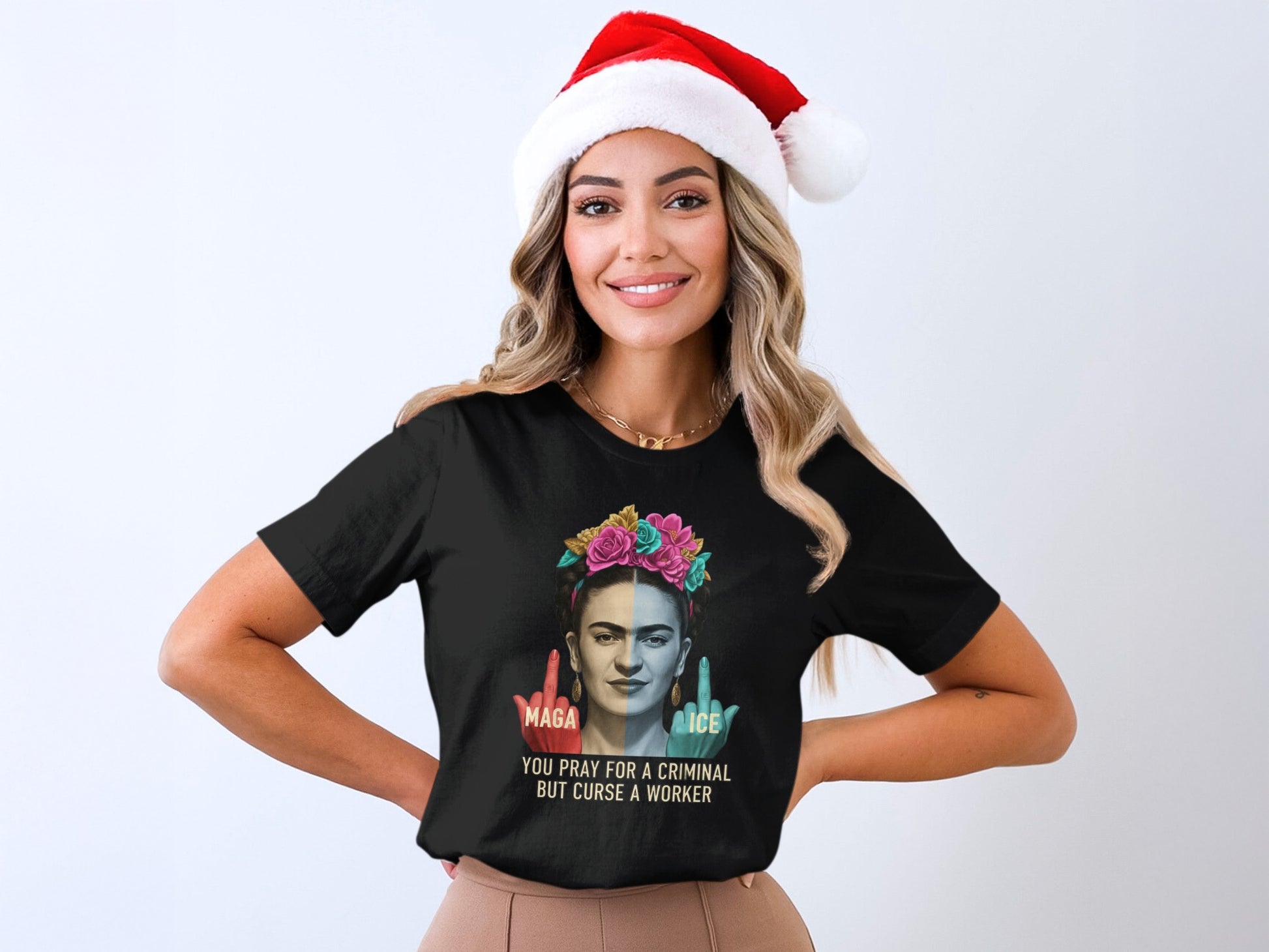Festive Santa Hat Woman Wearing Graphic T-Shirt