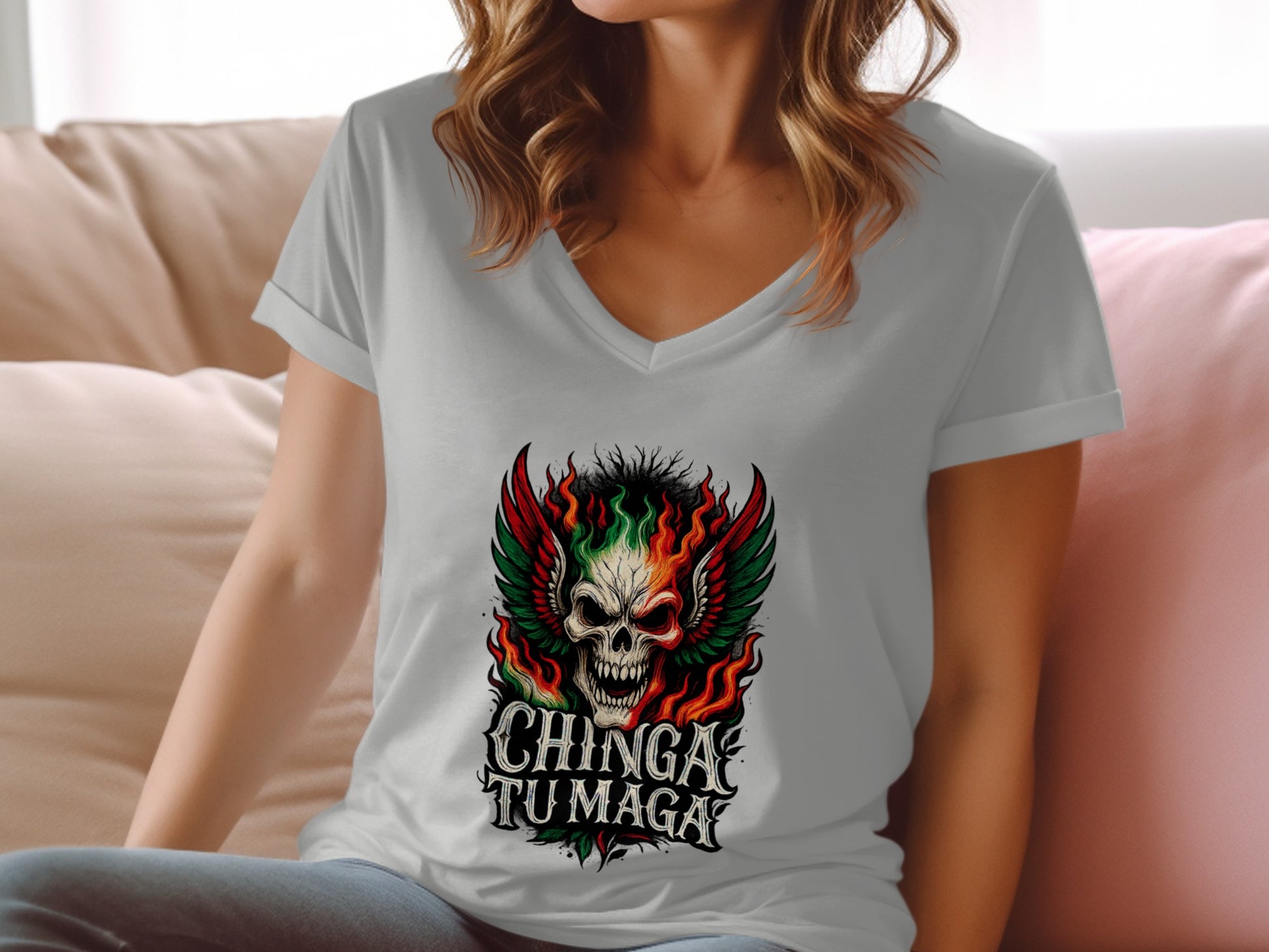 Chinga Tu Maga Skull Art on V-neck T-shirt product