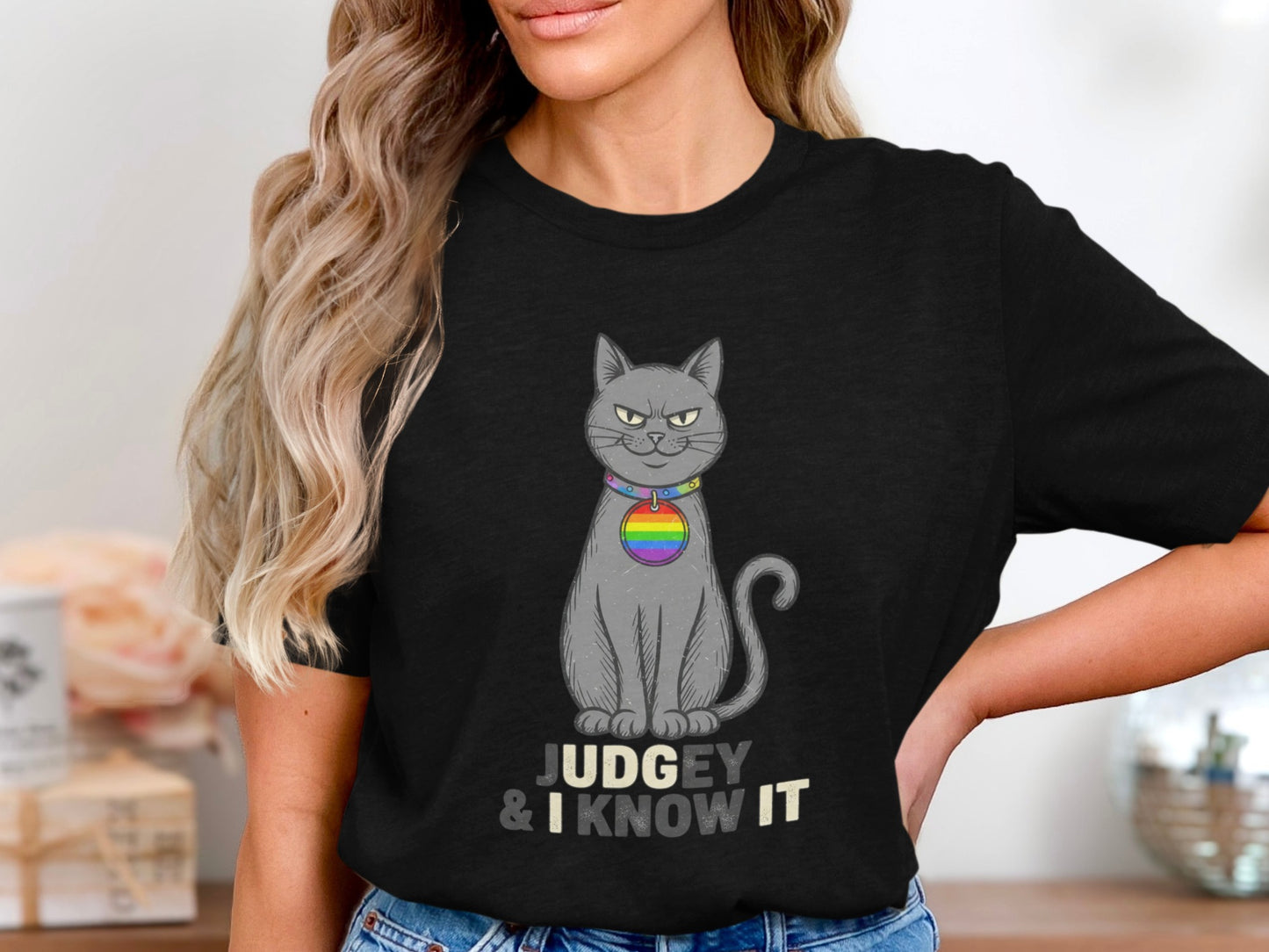 Judgey Cat with Rainbow Collar Graphic T-Shirt product