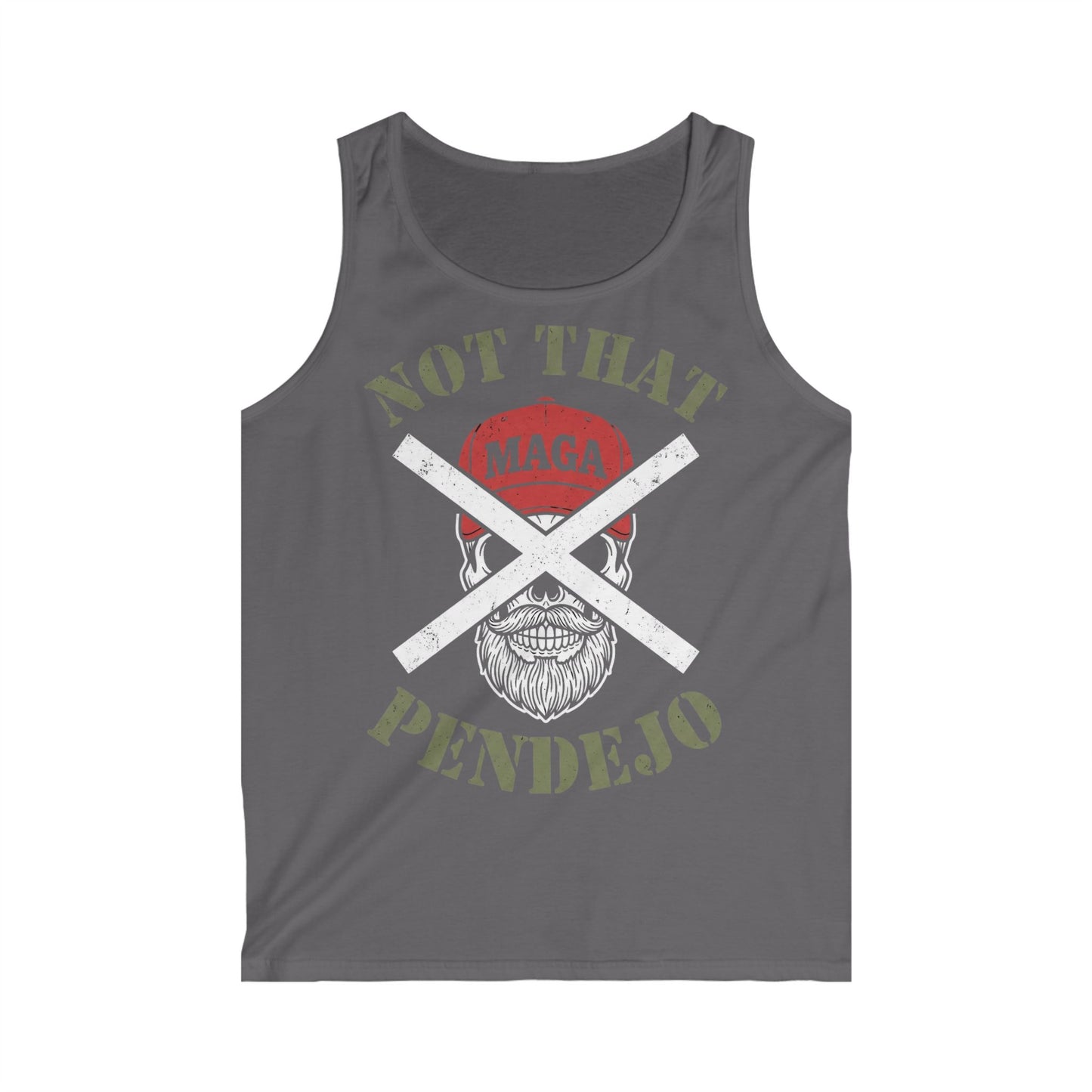 Tank top with skull wearing a hat, crossed out, and text.