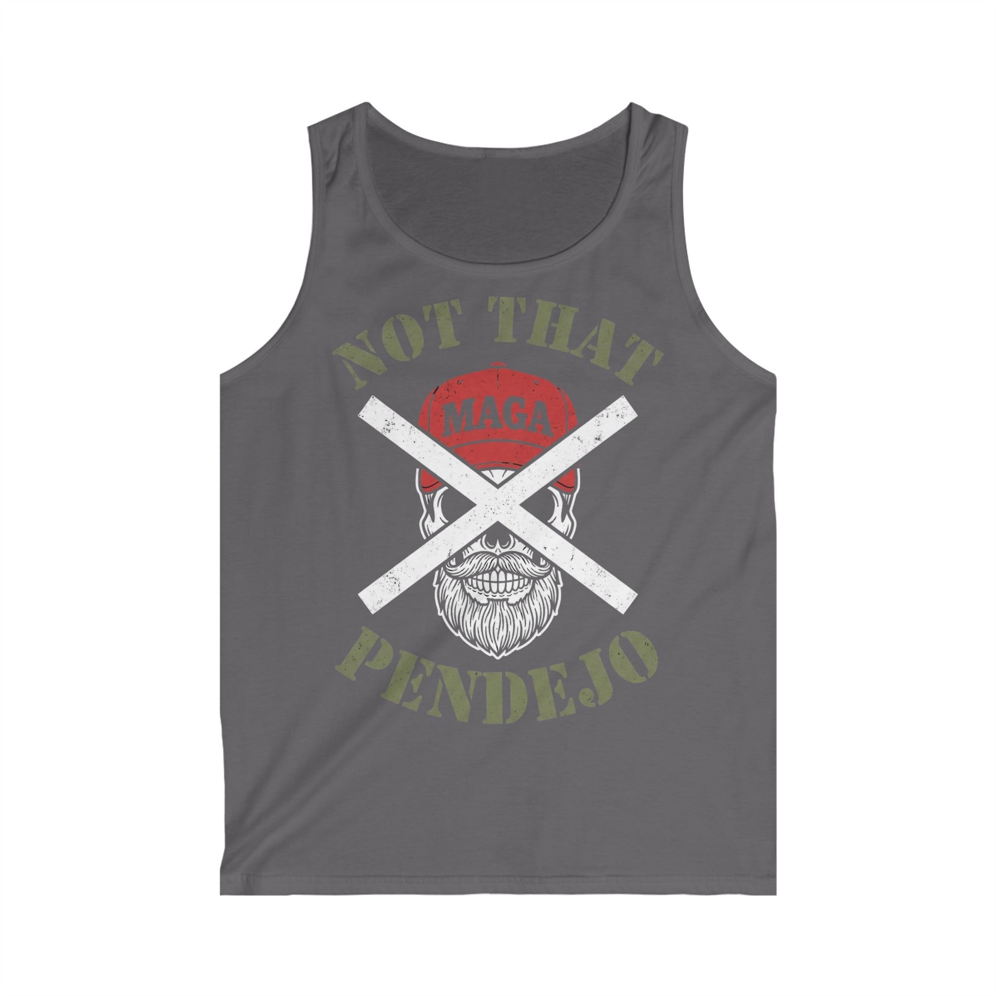 Tank top with skull wearing a hat, crossed out, and text.