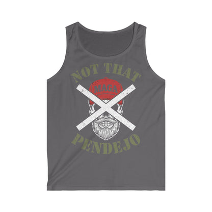 Tank top with skull wearing a hat, crossed out, and text.
