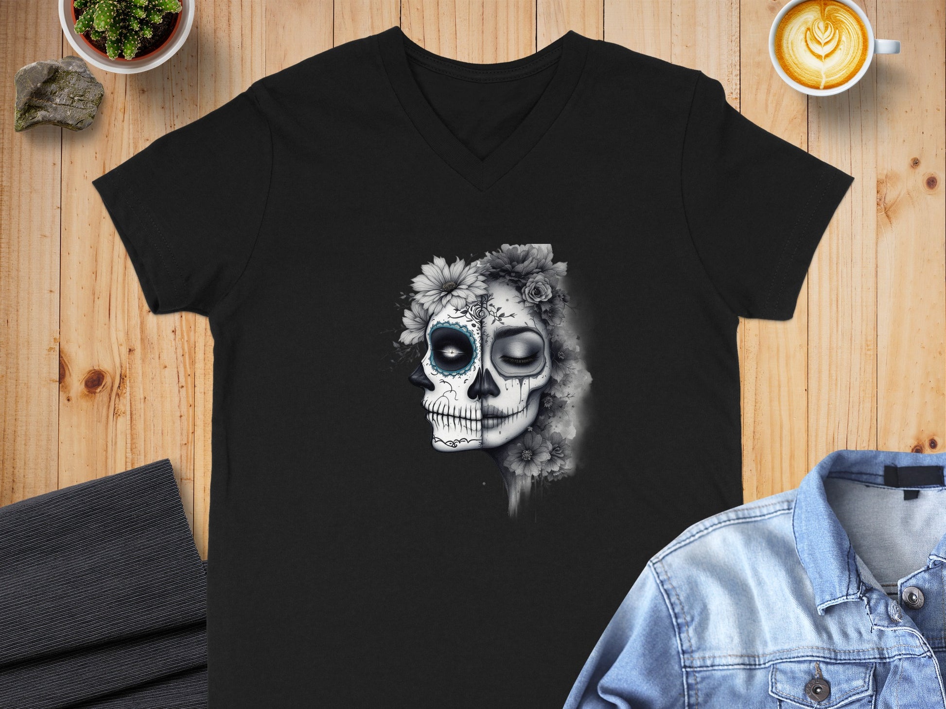 Dual Face Skull Flower Black V Neck Shirt product type