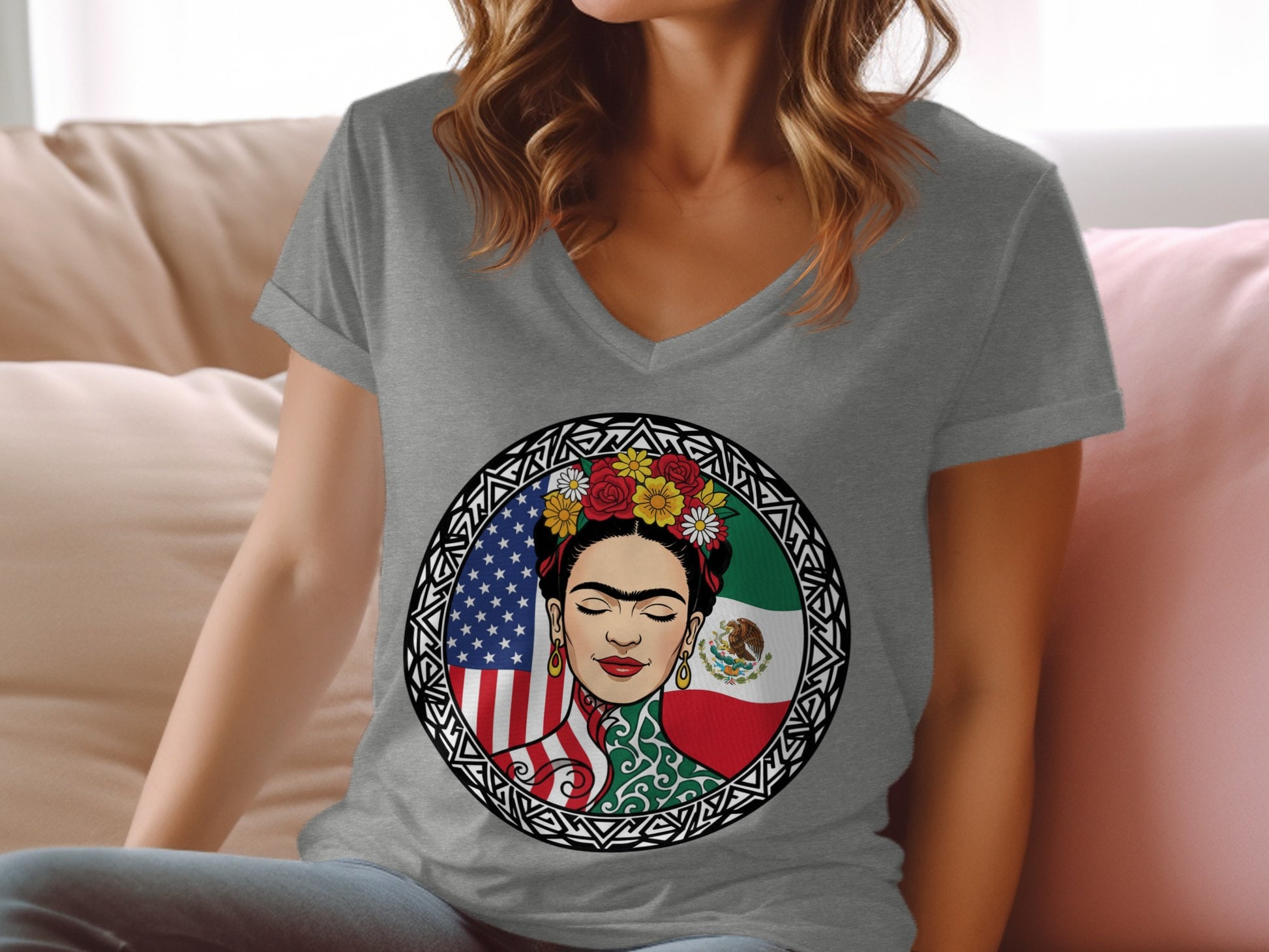 Frida Kahlo Print with Flags Grey V-Neck Shirt