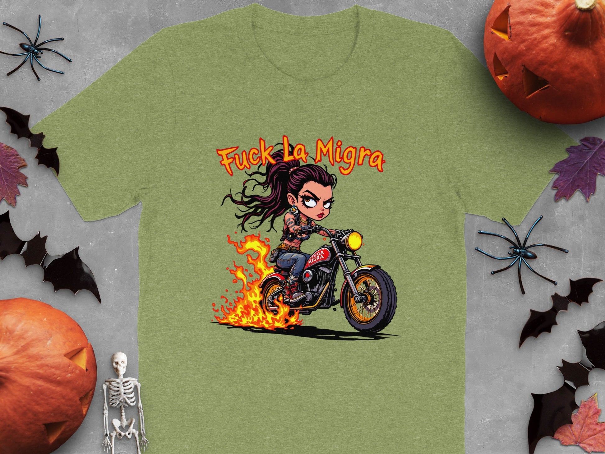 Fuck La Migra Biker Girl Halloween Theme T-Shirt product type