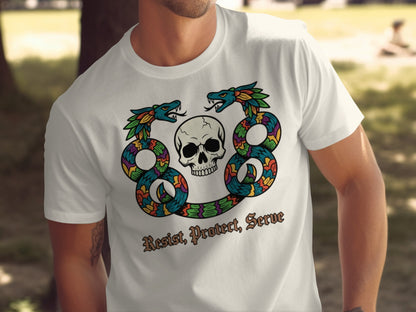 Resist Protect Serve Skull with Serpent Design Shirt