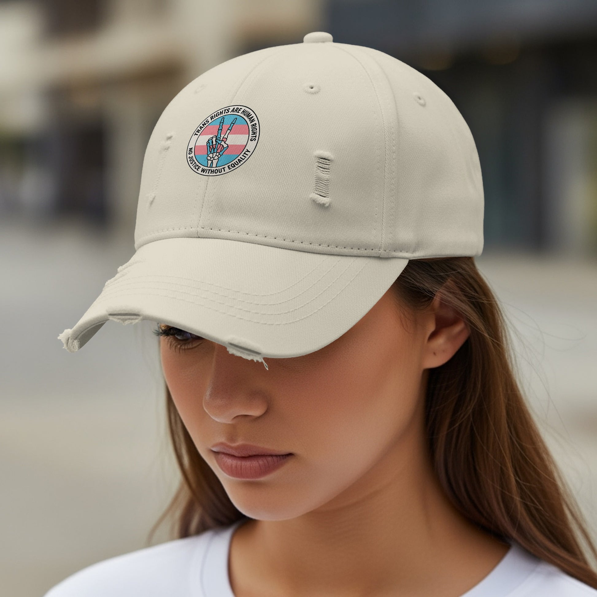 Classic Distressed Beige Cap with Embroidered Patch Hat product type