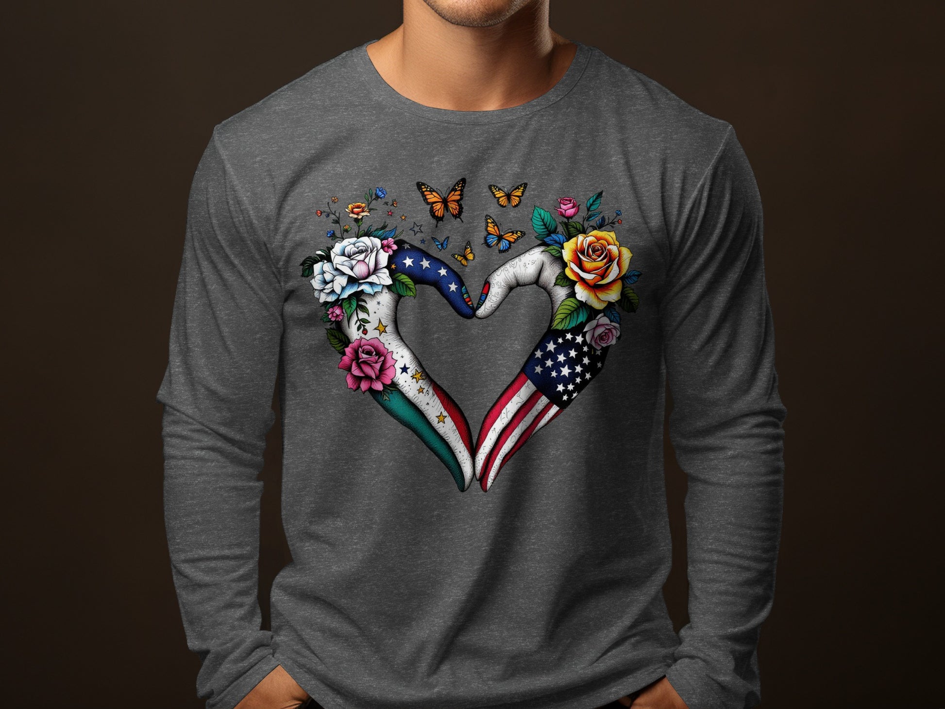 Floral Heart USA and Mexico Flag Long Sleeve Shirt