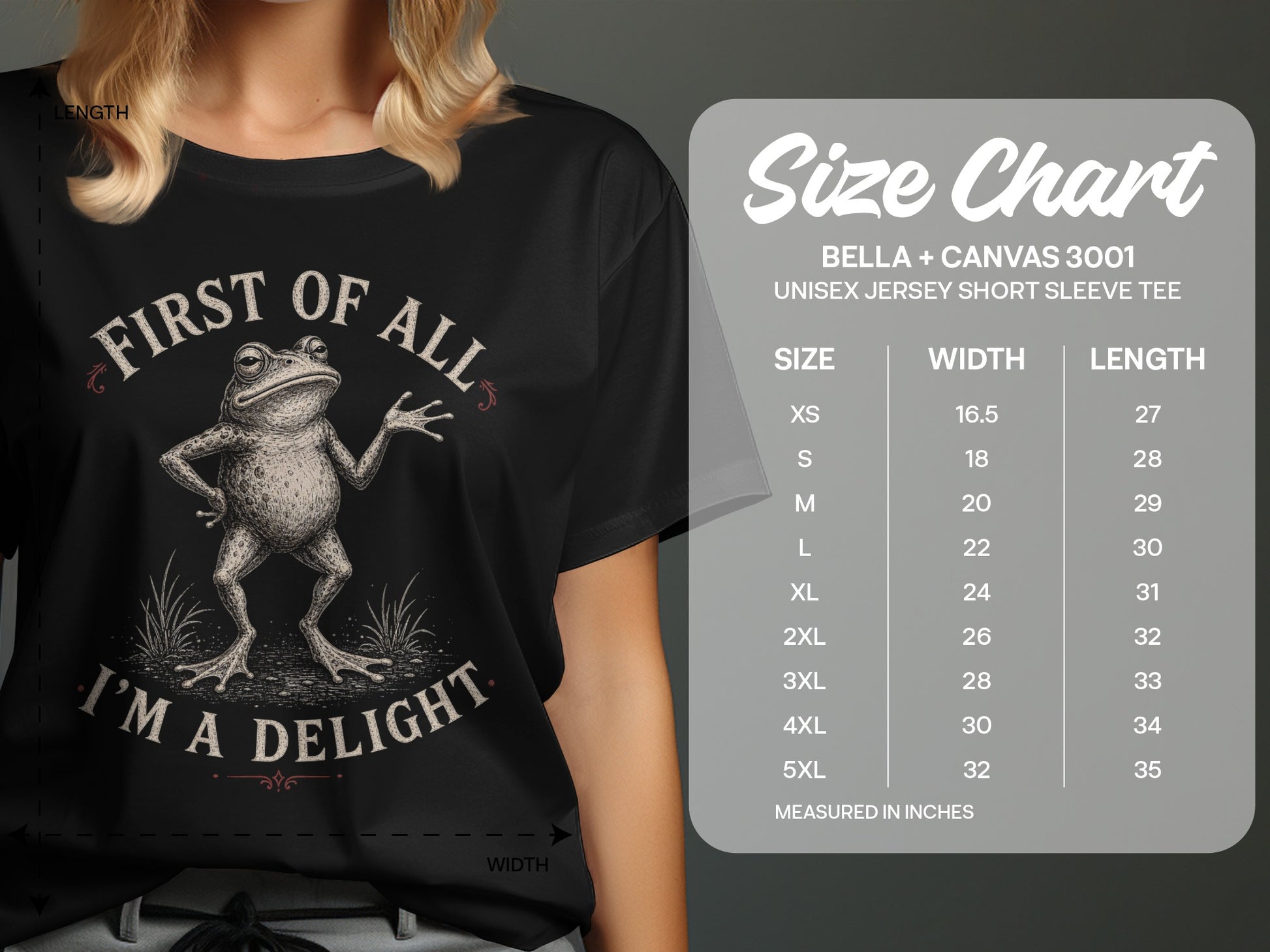Black t-shirt with frog graphic and text "First of all, I'm a delight."