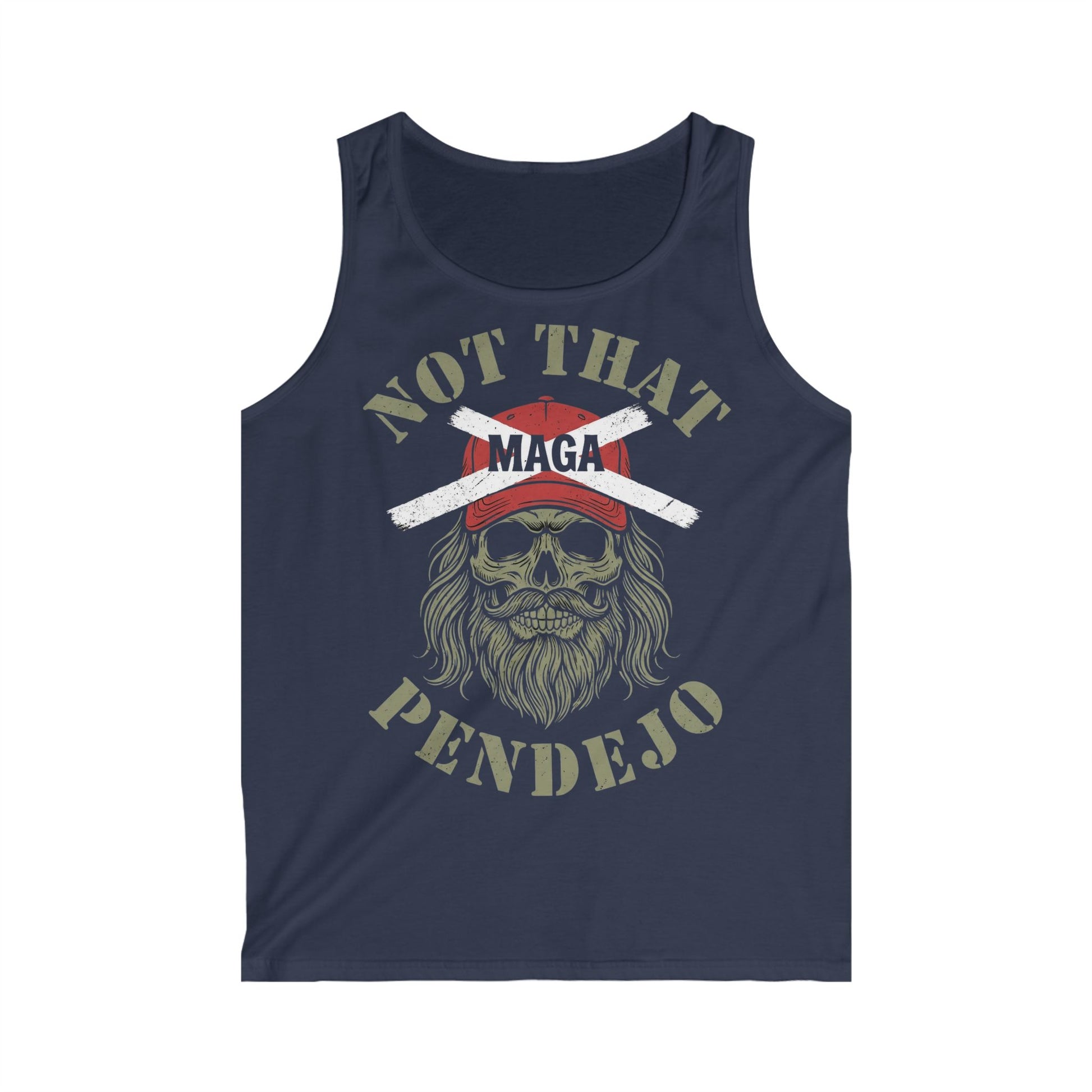 Tank top with skull wearing a red "MAGA" hat with a cross-out symbol.