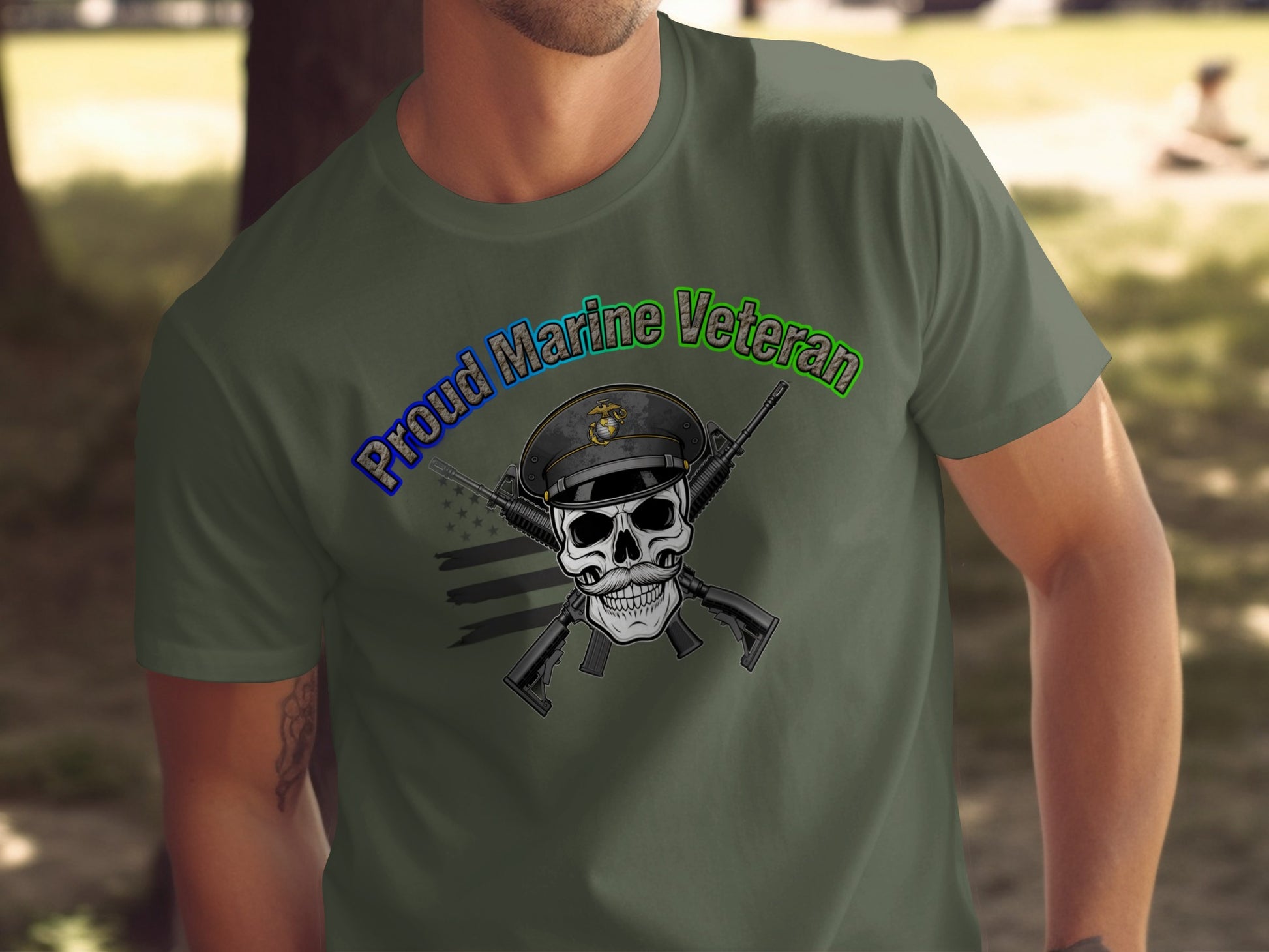 Proud Marine Veteran Skull and Rifles Graphic Tee
