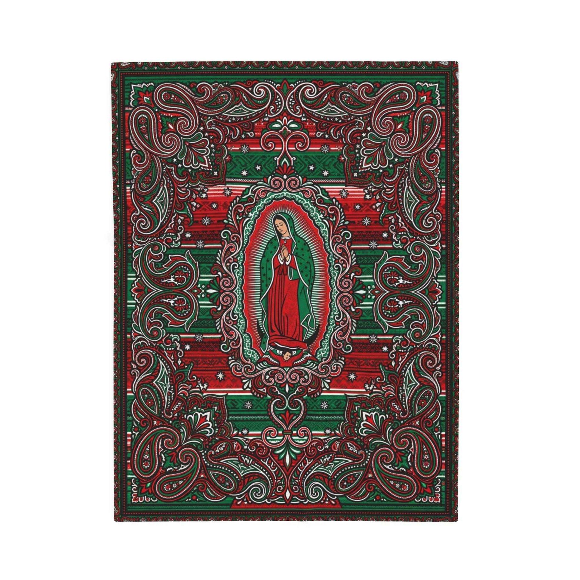 Our Lady of Guadalupe Blanket, Sacred Virgen de Guadalupe Art, Mexican Folk Art Design, Vibrant Red Green Paisley, Spiritual Home Decor