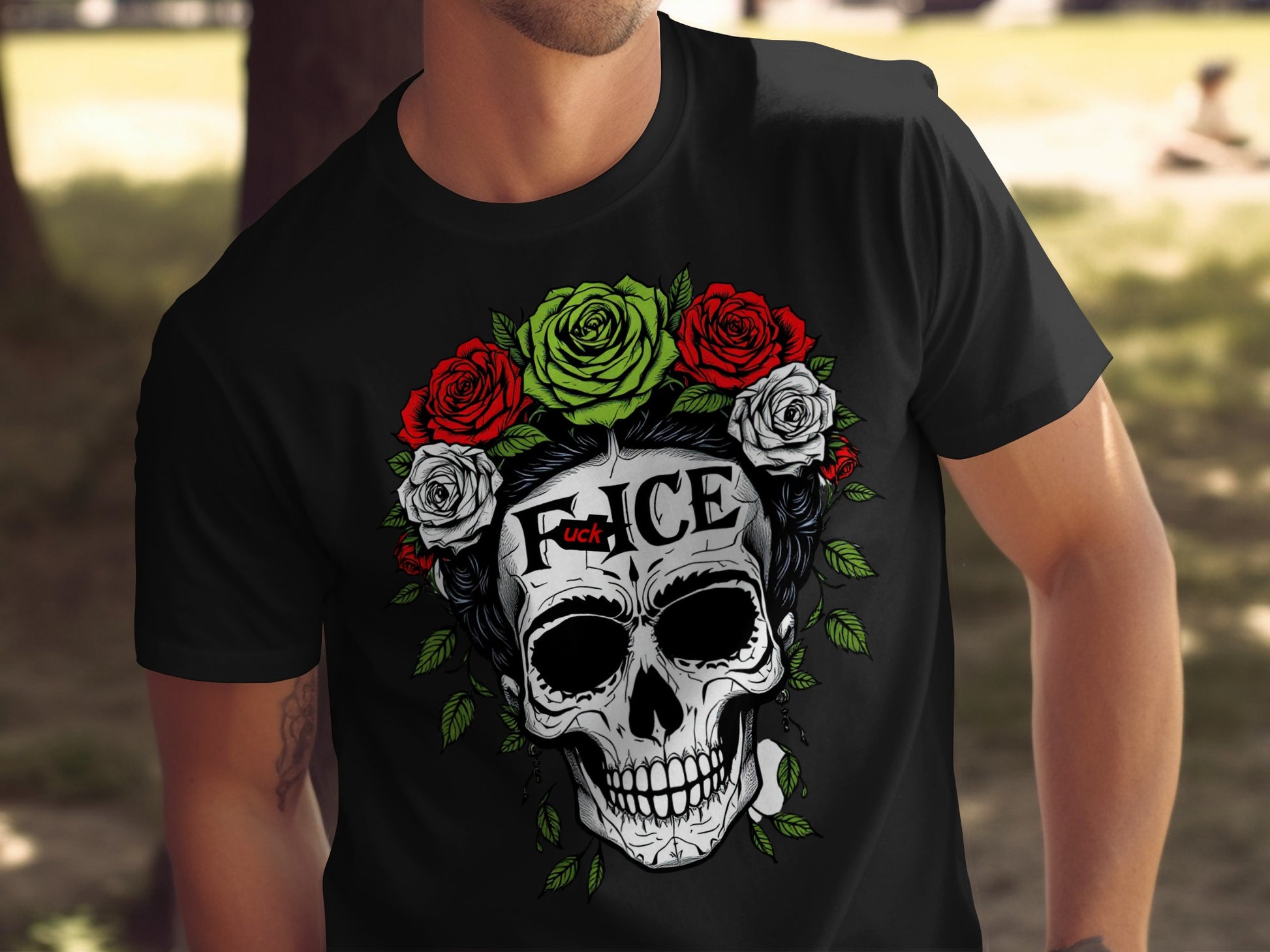 Skull Design with Floral Elements on Black Shirt product