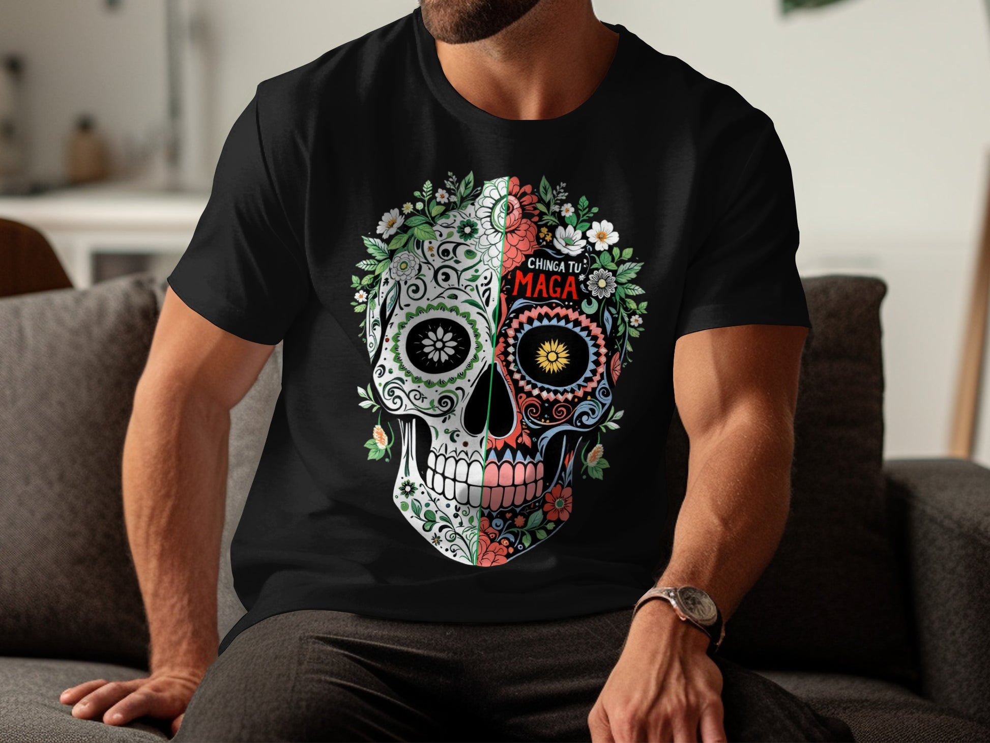 Colorful Intricate Skull Graphic Black T-Shirt product