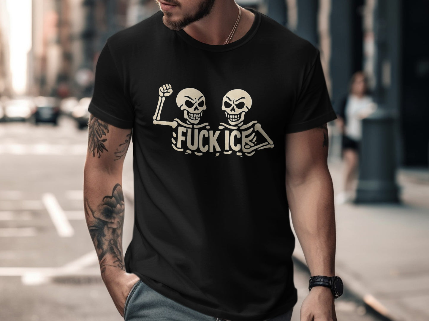 Black t-shirt with two skeleton graphics and "FUCK ICE" text.