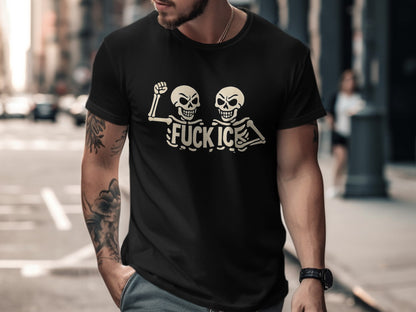 Black t-shirt with two skeleton graphics and "FUCK ICE" text.