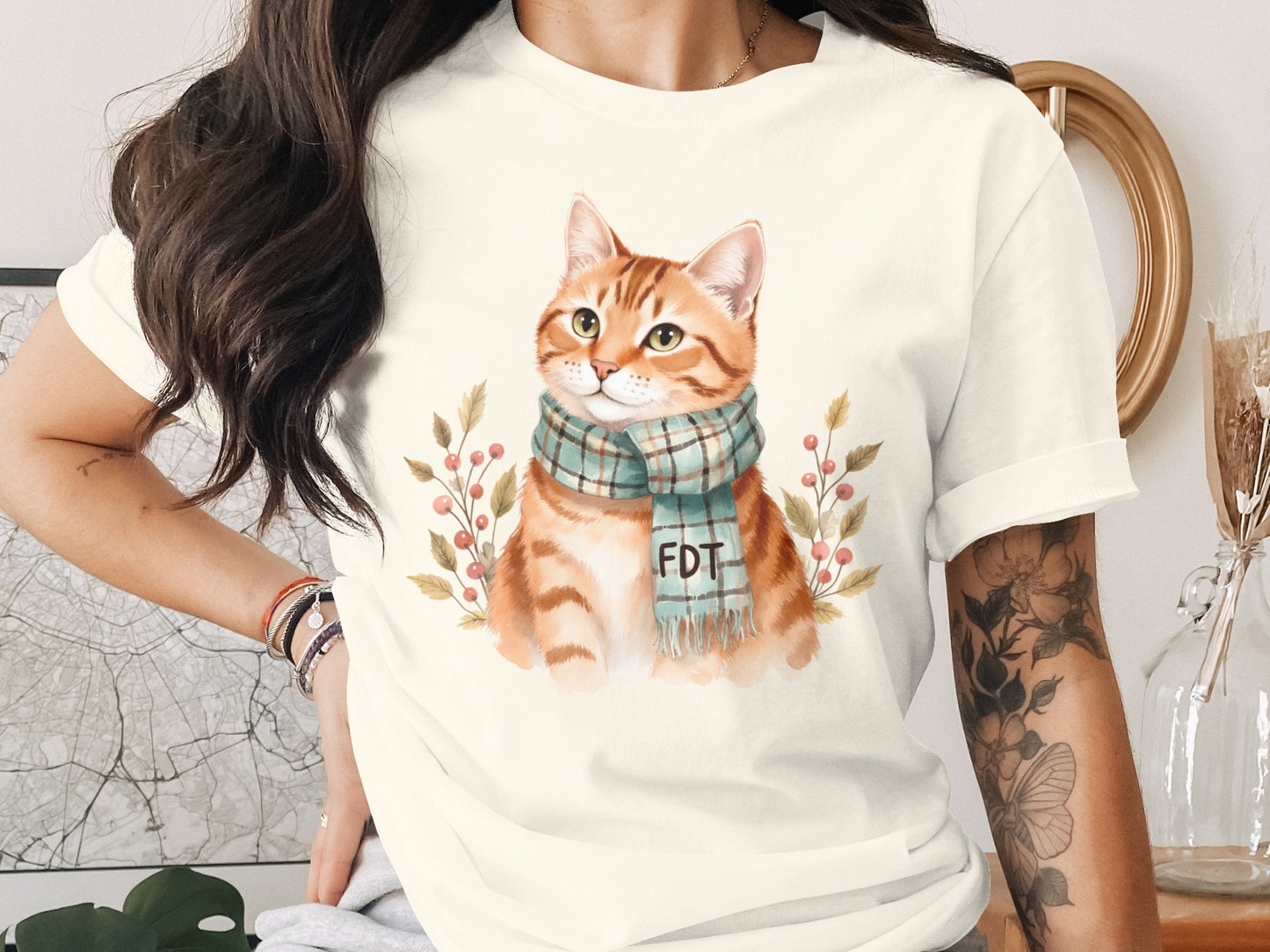 Cute Cat with Scarf and Flowers Graphic Tee