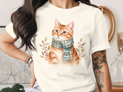 Cute Cat with Scarf and Flowers Graphic Tee