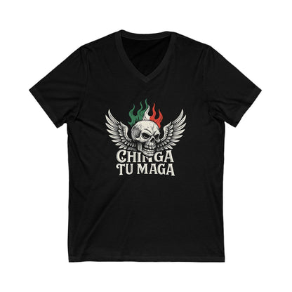 Chinga Tu Maga Skull Wings Design V-Neck T-shirt product