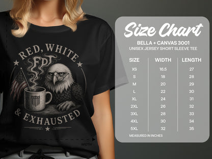 T-shirt with eagle, flag, and text "Red, White & Exhausted". Includes size chart.