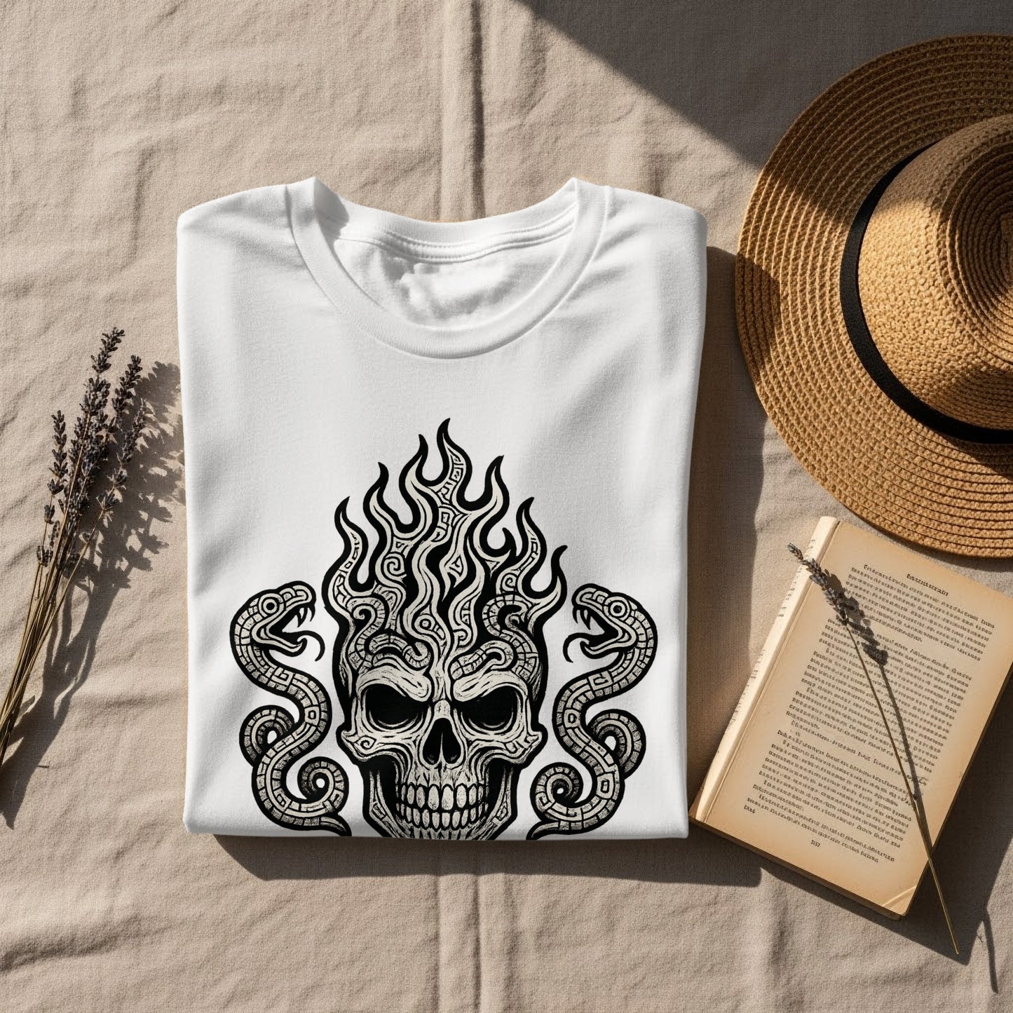 Skull with Flames Graphic Tee in White Shirt