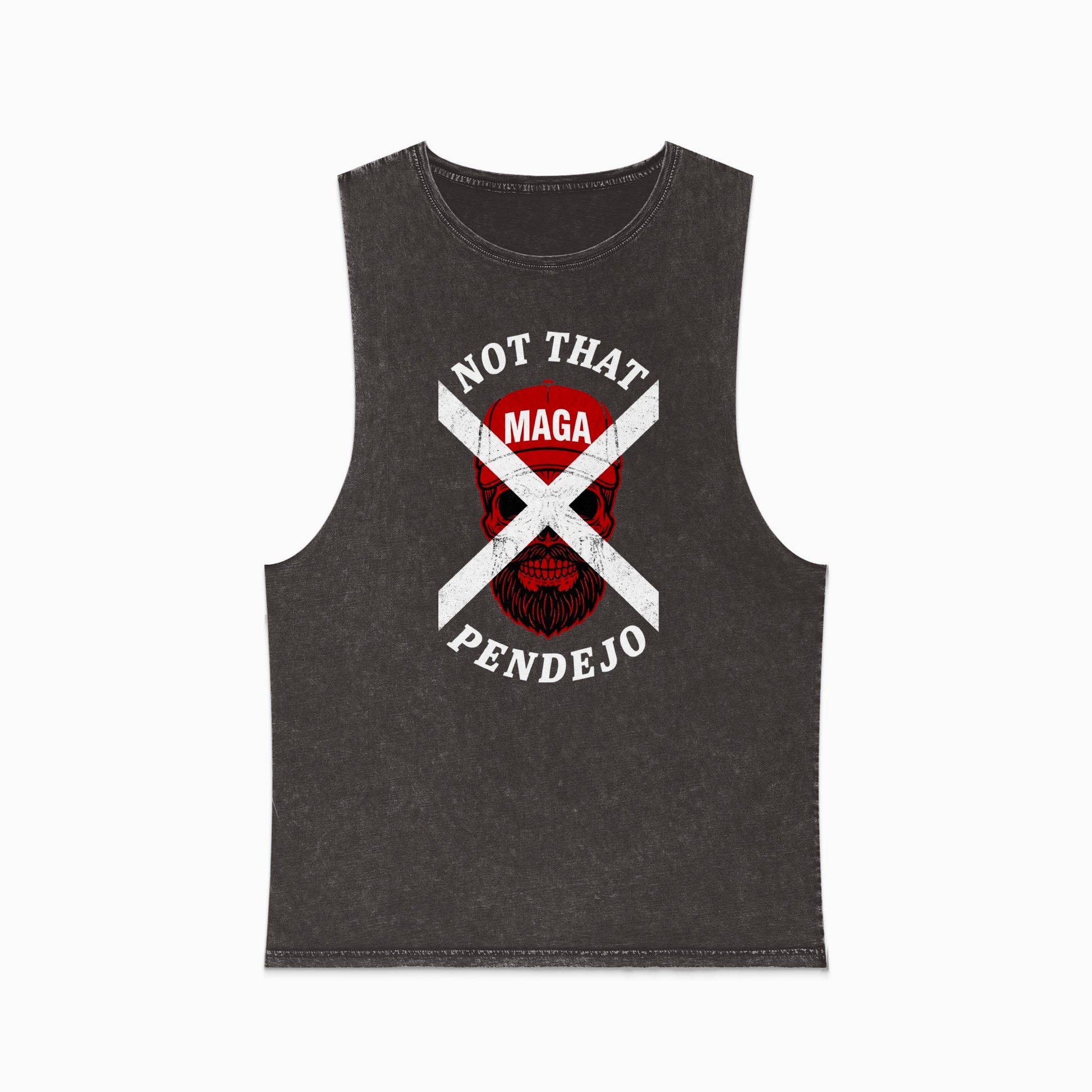 Black sleeveless shirt with skull graphic and "Not That MAGA Pendejo" text.