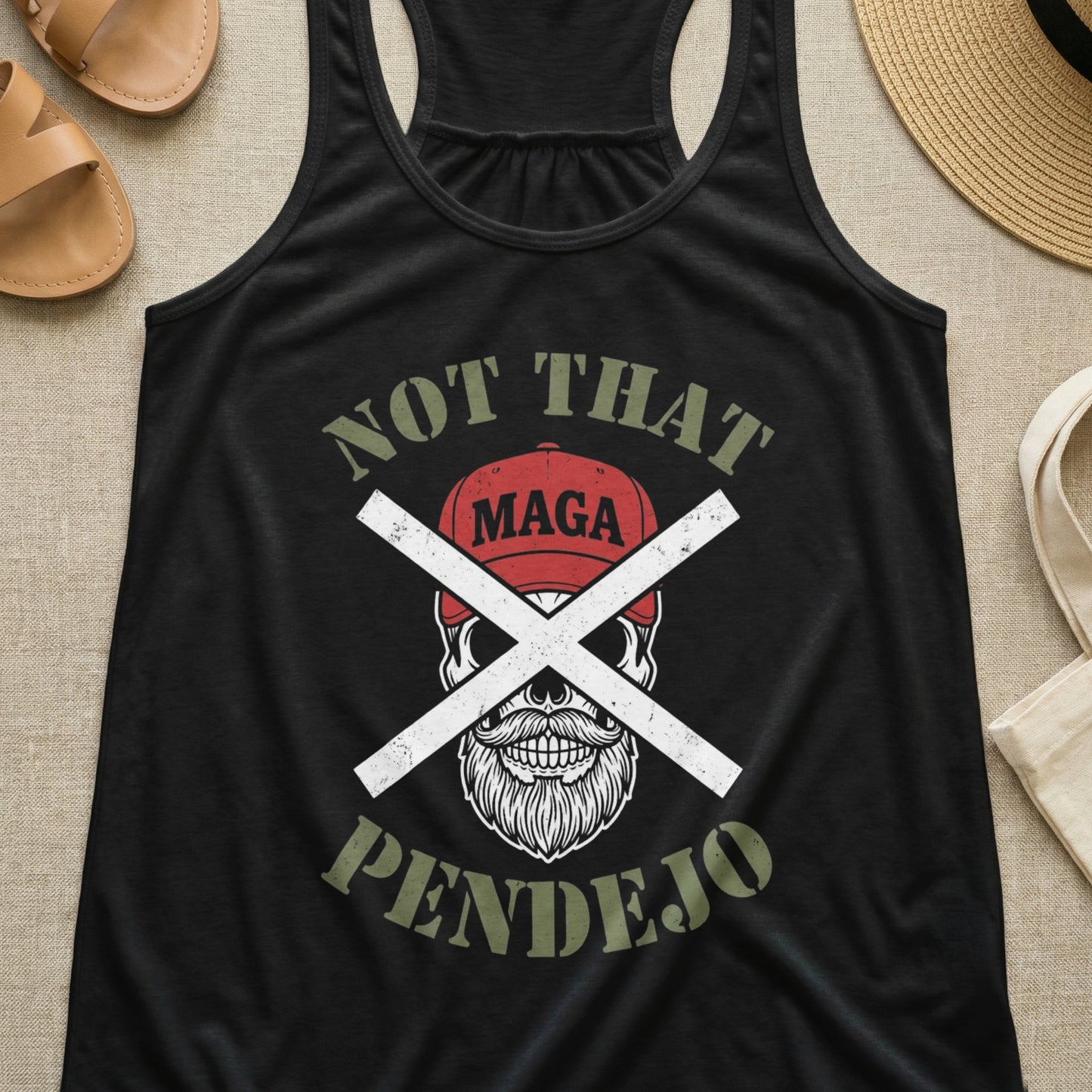 Black tank top with skull, beard, and text "NOT THAT PENDEJO".