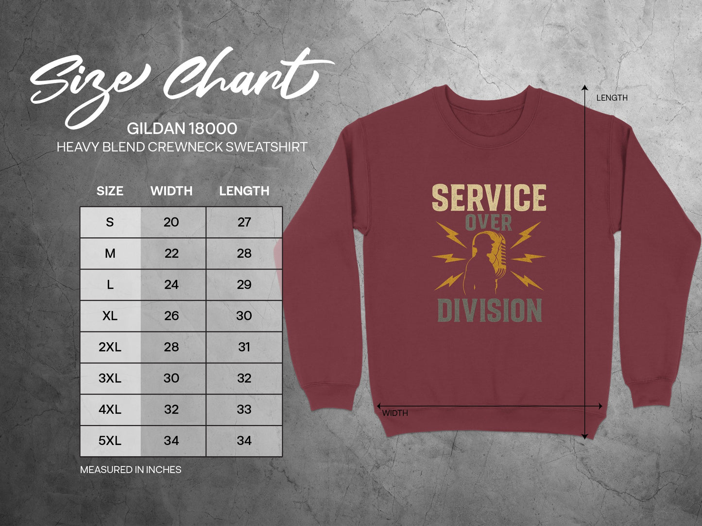 Service Over Division size chart sweatshirt product type