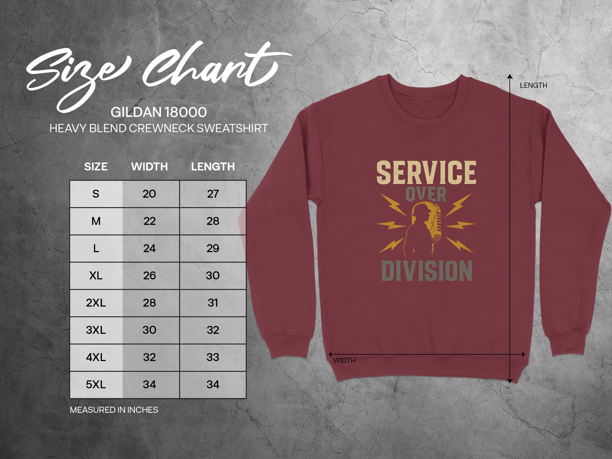 Service Over Division size chart sweatshirt product type