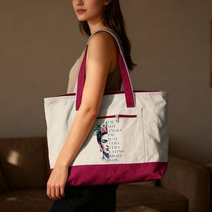 Tote bag with Frida Kahlo portrait and "I'm not angry" text.