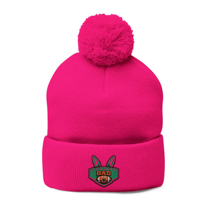 BAD Embroidered Bright Pink Pom-Pom Beanie Hat