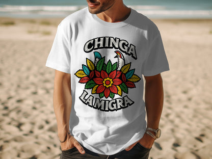 Chinga La Migra T-shirt with Colorful Floral Design product type