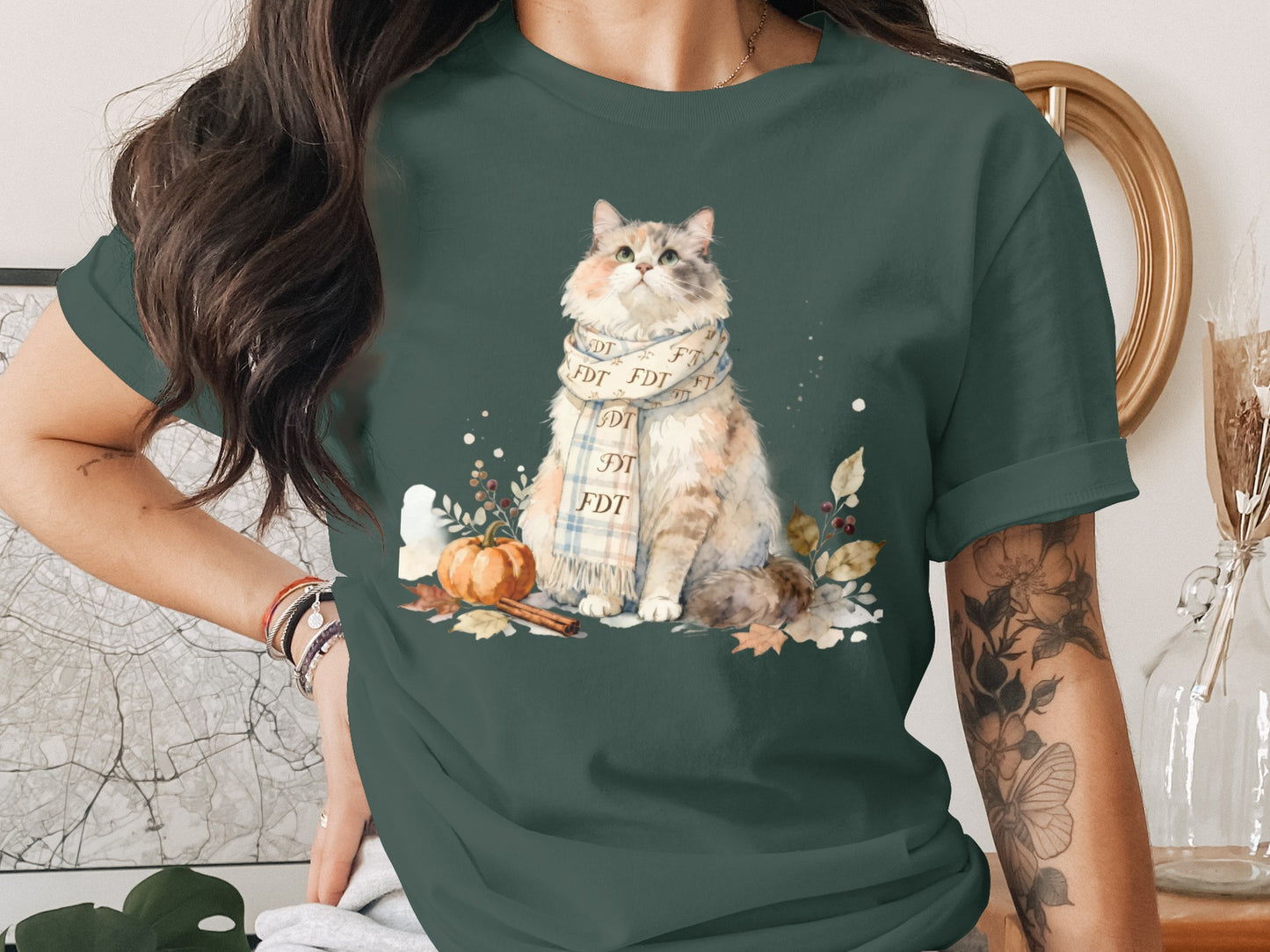 Cozy Fall Cat with Scarf Graphic T-Shirt Product