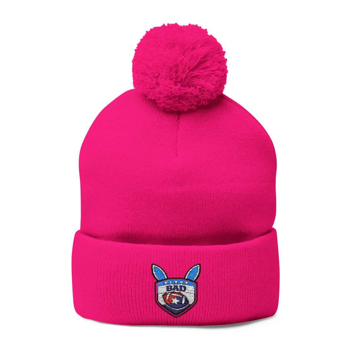 Bright Pink Pom Beanie with Embroidered Patch Hat