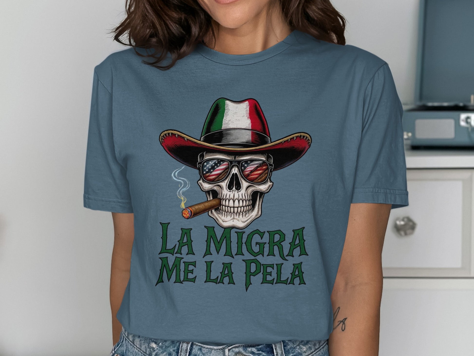 La Migra Me La Pela Skull with Cigar Graphic product type