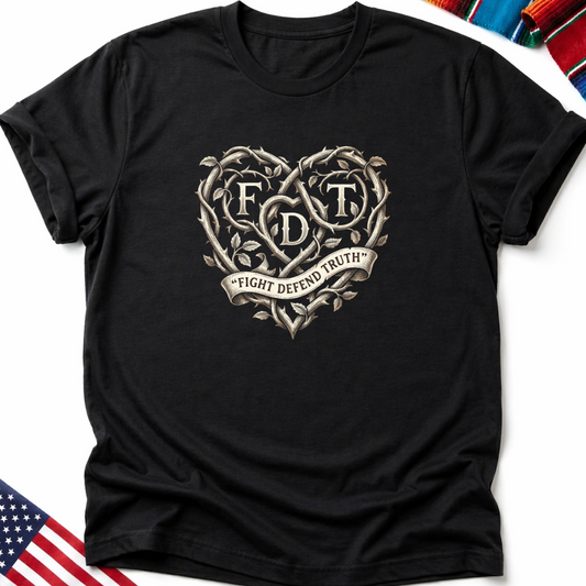 Black t-shirt with a heart-shaped emblem featuring ornate lettering and "FIGHT DEFEND TRUTH."