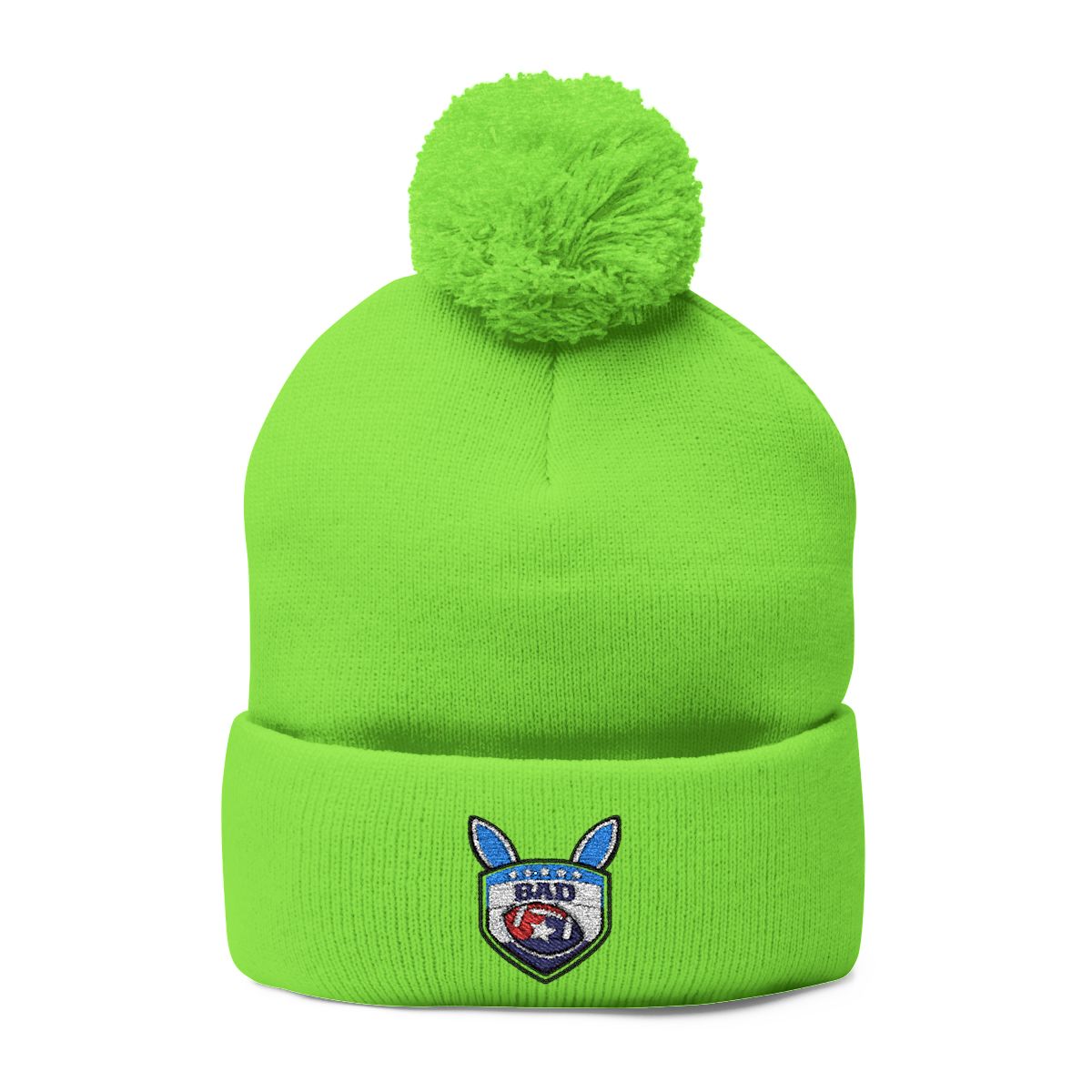 Bright Green Pom Pom Hat with Badge Embroidery Design