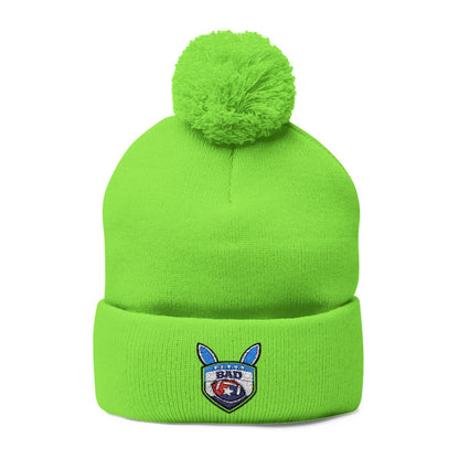 Bright Green Pom Pom Hat with Badge Embroidery Design