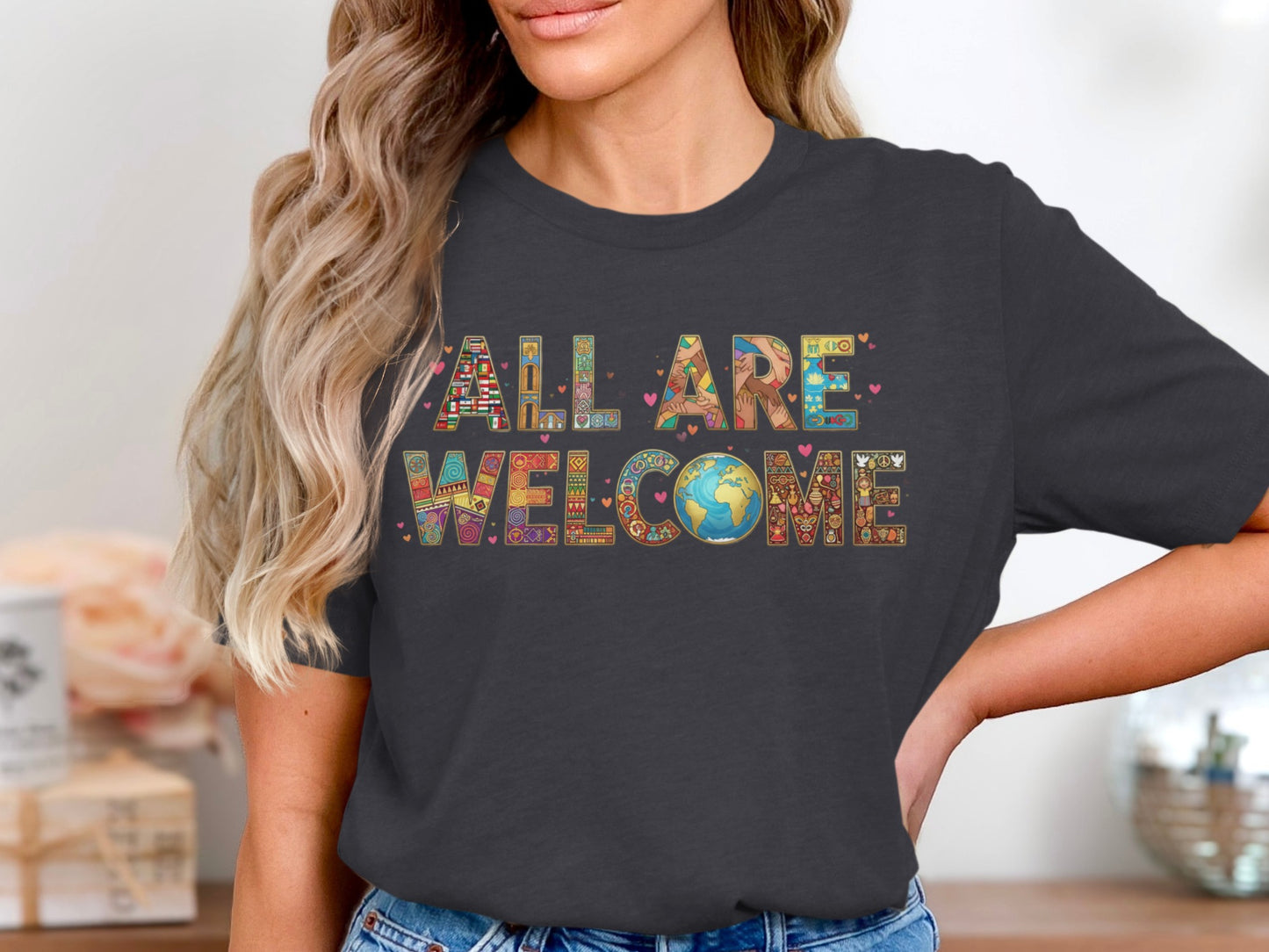 All Are Welcome Graphic T-Shirt with Earth Design