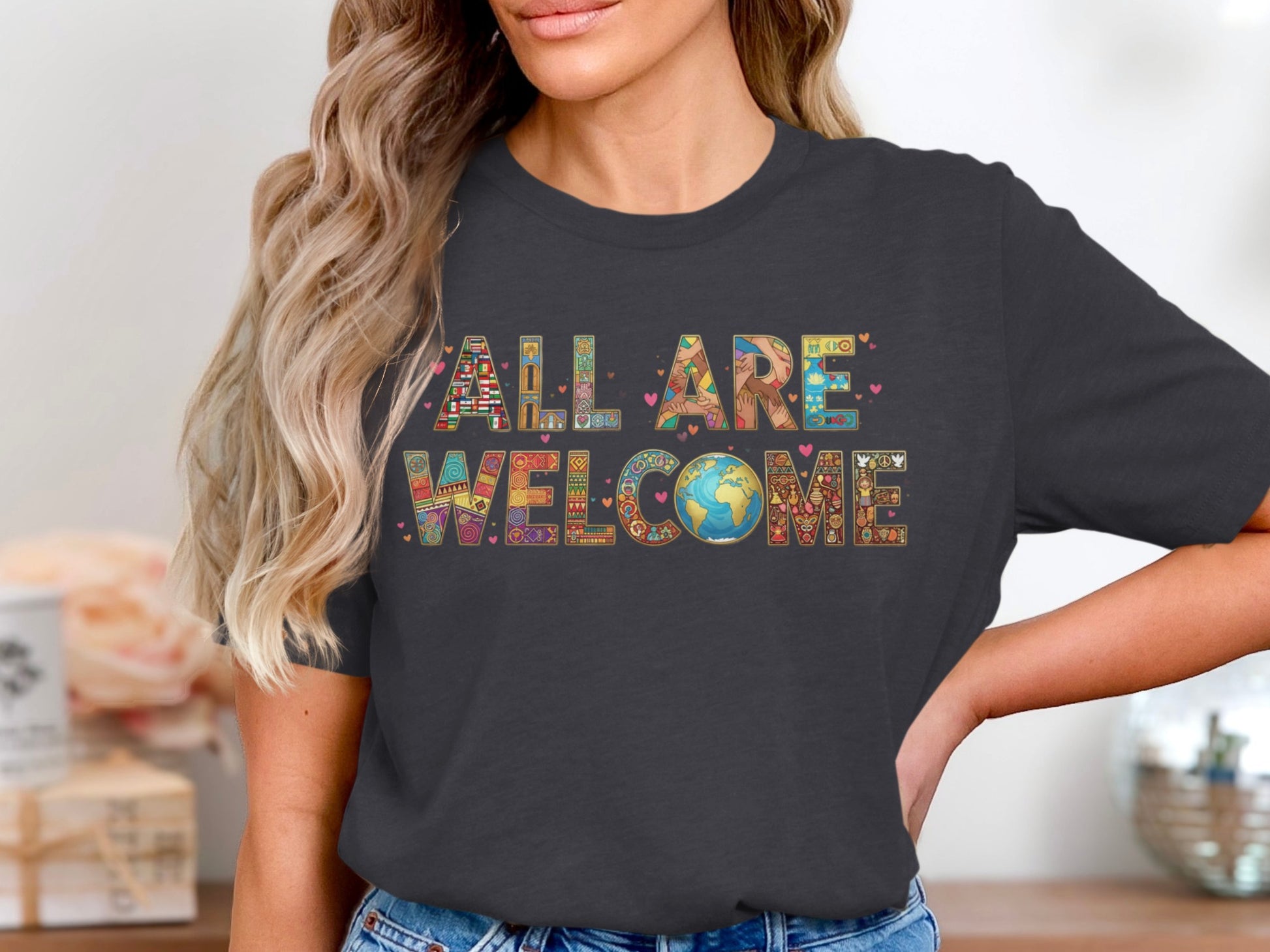 All Are Welcome Graphic T-Shirt with Earth Design