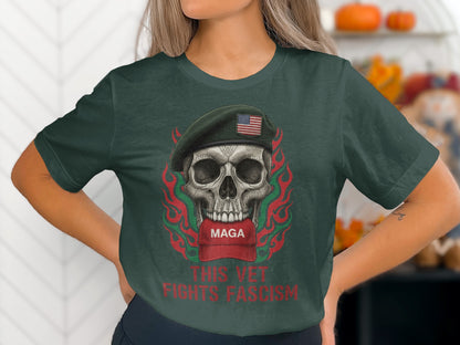 Skull with Beret and Flag This Vet Fights Fascism Shirt
