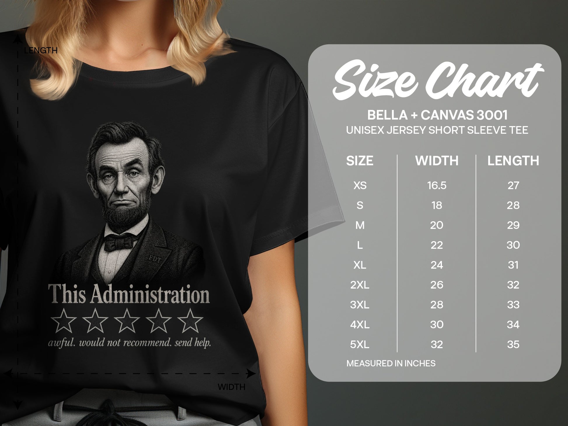T-shirt with Abraham Lincoln graphic and negative review text.