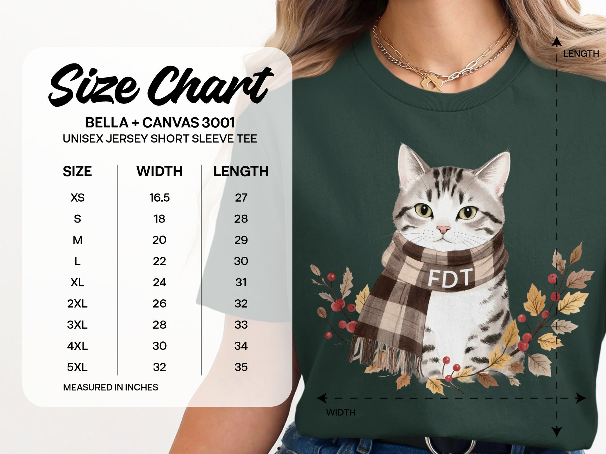Cute Cat with Scarf Unisex Shirt Size Chart